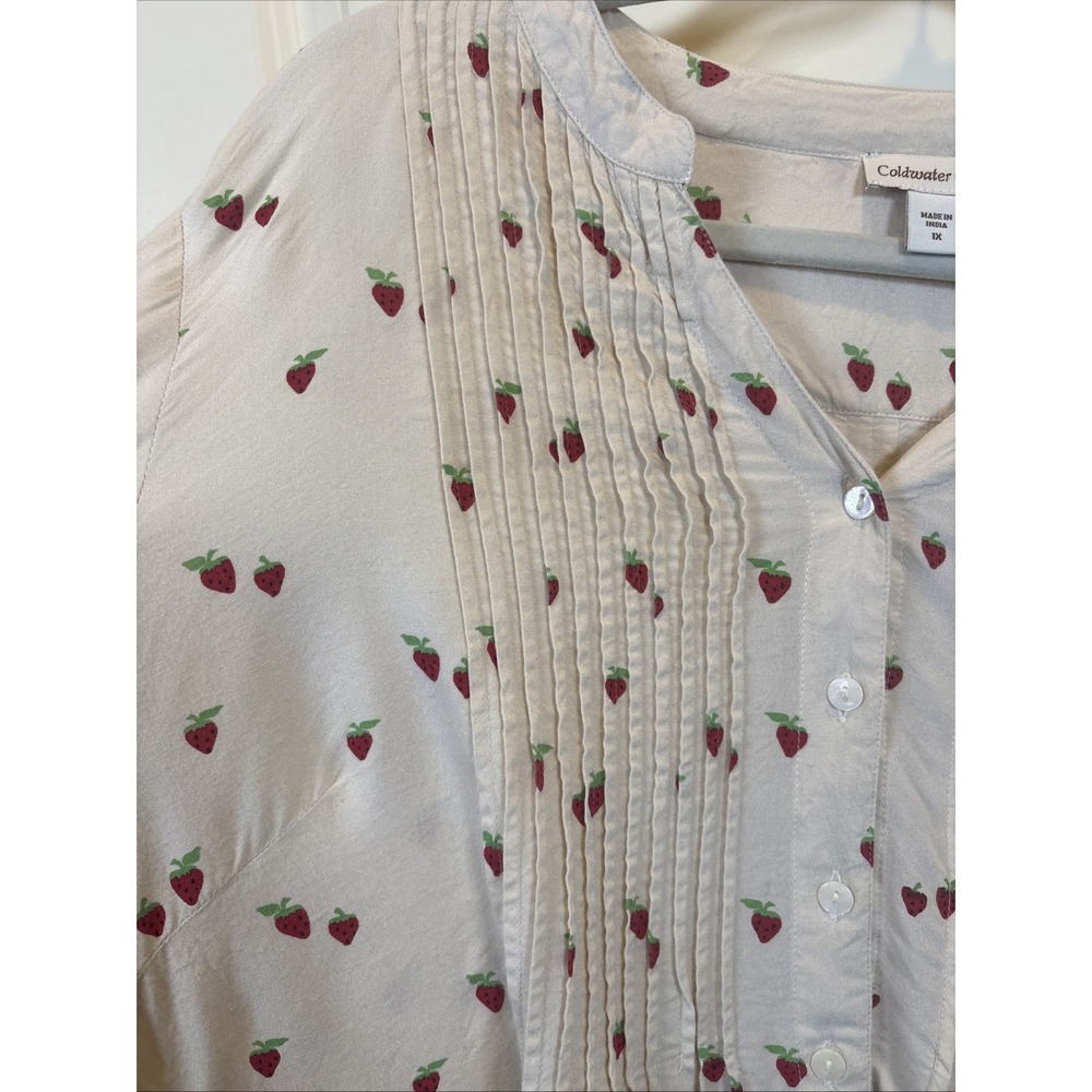 Coldwater Creek Cream Button Pintuck Pleating Strawberry Shirt Size 1X Blouse - Picture 2 of 8